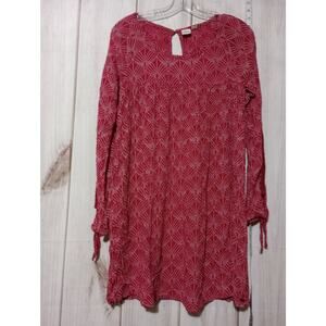 Roxy Dress Womens Small Red White Long Sleeve Boho Tunic Keyhole Viscose Print‎